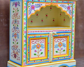 Hand Painted Wooden Cabinet | Boho Storage Cupboard with Floral Design | Rustic Home Decor Furniture