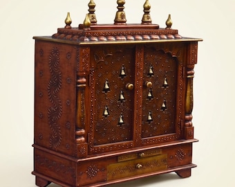 Handcrafted Wooden Temple Mandir for Home | Rosewood Finish Pooja Ghar with Brass Bells | Hindu Puja Mandap for Wall Hanging or Tabletop
