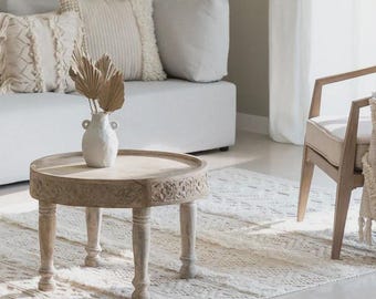 Hand geschnitzter hölzerner Couchtisch runder Weinlese-Massivholz-Mitteltisch-Niedrig