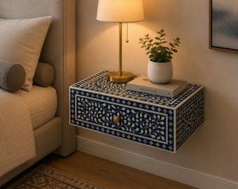 Bone Inlay Floating Nightstand | Wall Mounted Bedside Table with Drawer