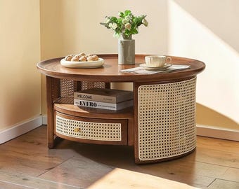 Round Rattan Coffee Table with Storage Drawer | Boho Cane Living Room Furniture
