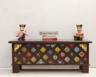 Banco de armazenamento de madeira pintado à mão no estilo Rajastão | Baú de azulejos de arte folclórica indiana, sofá boho para hall de entrada