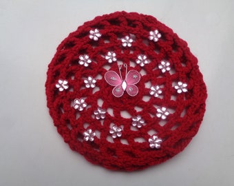 Medium Bun Cover with Pink Flower Rhinestones and Butterfly, Many Colors, Crochet Bun Cover, Bun Holder Snood Hair Net Ballet Dance