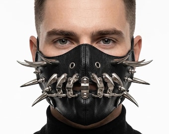 Máscara de cuero vegano con pinchos hecha a mano – Armadura facial gótica ciberpunk (Cosplay)