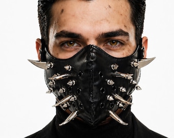 Máscara de cuero vegano con pinchos hecha a mano – Armadura facial gótica ciberpunk (Cosplay)