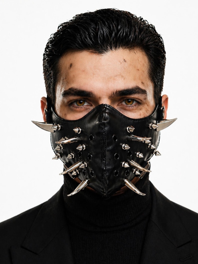 Handmade Spiked Vegan Leather Mask – Gothic Cyberpunk Face Armor ...