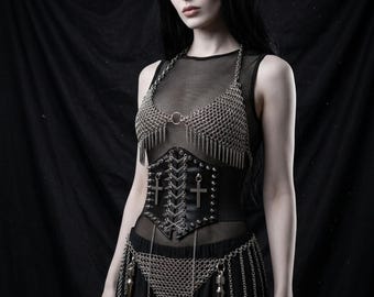 Conjunto de armadura gótica de malla metálica, bralette de acero inoxidable, cinturón corsé de piel sintética, disfraz de ropa oscura
