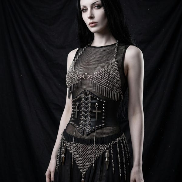 May include: A black sleeveless mesh top worn under a silver chainmail chest piece with hanging metal spikes. A black corset with silver studs, lace-up detailing, and two hanging cross charms is worn over the top, paired with a chainmail hip belt.