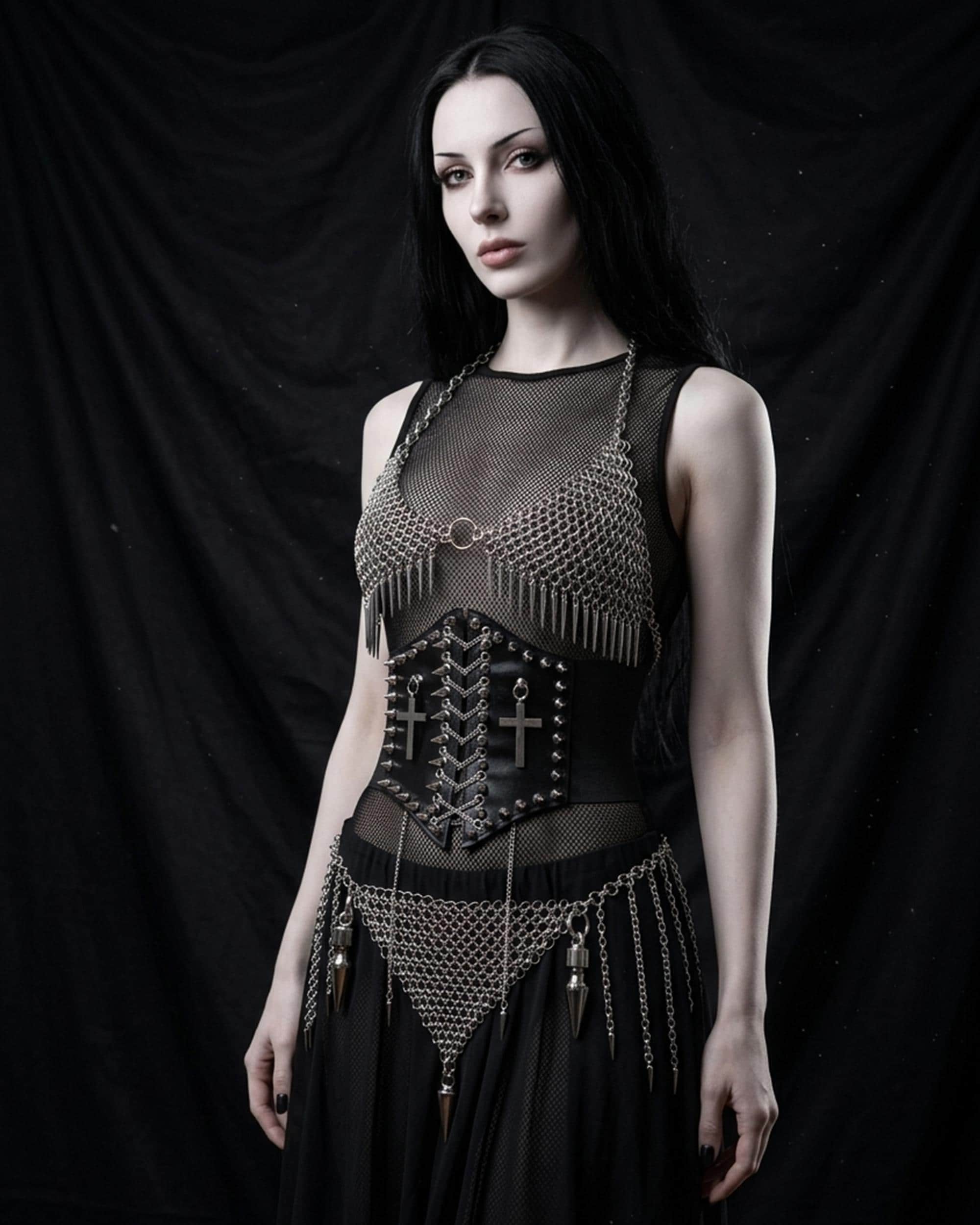 Gothic Chainmail Armor Set, Stainless Steel Bralette, Faux Leather Corset Belt, Darkwear Costume