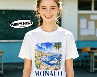 Monaco Watercolor Harbor T-Shirt,Monaco Travel Souvenir Tee,French Riviera Vacation Shirt,Monaco Cityscape Casual Top