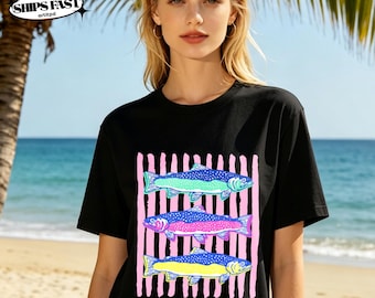 Pink Striped T‑Shirt with Three Fish Graphic Print,cute ocean‑themed casual short sleeve top,trendy summer beach vacation wear for girls