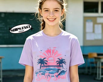 Salty Soul Vintage Beach T-Shirt,Pink Purple Sunset Ocean Wave Tee,Summer Casual Top,Beach Trip Vacation Outfit Gift for Women
