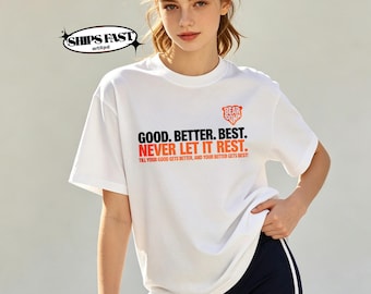 White Graphic Athlete tee,Retro Style Never Let It Rest Print Top,Comfortable Cotton Casual Wear for Active Lifestyle,Motivational Quote tee