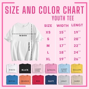 Op de afbeelding: Een wit jeugd-T-shirt met een maat- en kleurentabel. De tabel vermeldt maten XS tot XL met breedtematen van 38 cm tot 48 cm en lengtematen van 48 cm tot 66 cm. Kleuropties zijn wit, zwart, roze, azalea, blauw, geel, koninklijk, oranje, rood, marine, grijs en zand.