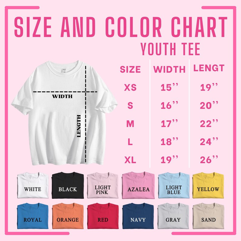 Op de afbeelding: Een wit jeugd-T-shirt met een maat- en kleurentabel. De tabel vermeldt maten XS tot XL met breedtematen van 38 cm tot 48 cm en lengtematen van 48 cm tot 66 cm. Kleuropties zijn wit, zwart, roze, azalea, blauw, geel, koninklijk, oranje, rood, marine, grijs en zand.