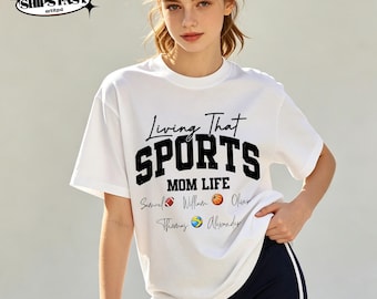 Custom Sports Mom T-Shirt,Living That Sports Mom Life Graphic Tee,Personalized Kids Names and Sports Balls,Mother's Day Gift
