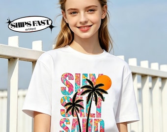 Floral Print Sun Salt Sand Tropical Tee,Summer Cotton Short Sleeve Tee,Palm Tree Sunset Surfboard Design,Summer Beach Vacation Casual Top