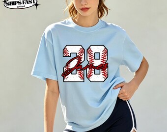 Custom Baseball Number T-Shirt,Personalized Jersey Number with Baseball Texture,Retro Sports Style Tee,Custom Name Script Over Number