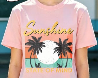 Sunshine State of Mind Retro Sunset Palm Tree Graphic Tee,Women's Casual Cotton Short Sleeve T-Shirt,Casual Tee for Summer Beach Daily Wear
