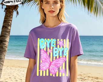 Bye Bye Graphic Tee,Yellow Striped Short Sleeve With Pink Butterflies And Stars Print,Cute Sweet Summer Casual Tee,Trendy Girly Daily Wear