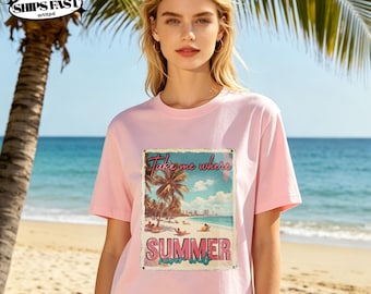 Take Me Where Palm Tree Beach T‑Shirt,Summer Surf Graphic Tee,Tropical Ocean Beach Short Sleeve,Cute Vacation Beachwear For Women