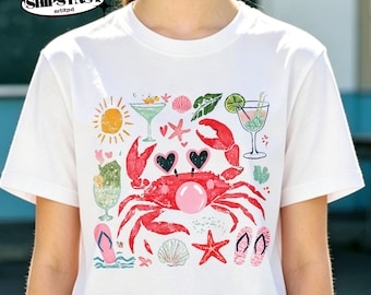 Summer Crab Bubblegum Beach T-Shirt,Cute Tropical Crab Graphic Tee,Coastal Vacation Outfit,Beach Day Casual Shirt,Nautical Summer Vibe Tee