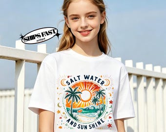 Salt Water And Sun Shine T-Shirt,Vintage Colorful Hand Drawn Palm Tree Ocean Wave Tee,Summer Vacation Beach Casual Top for Teen Girls Women
