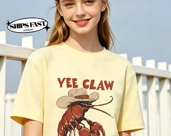 Vintage Yee Claw Lobster Cowboy Graphic Tee,girls Casual Short Sleeve Tee,Western Humor Pattern tee,Country Music Festival Daily Casual tee