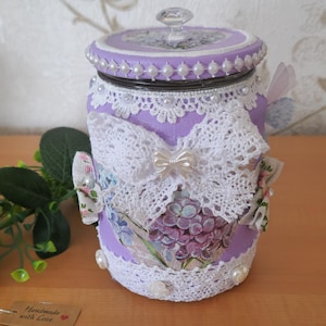 Handmade  Lilac  Floral Shabby Chic Decorative Storage Jar