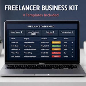 Kit de negocios para autónomos / CRM para clientes, facturación, seguimiento de ingresos (Excel, Google Sheets)