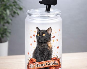 Sir Ham Goblin Frosted Glass Tumbler with Black Cat Topper, Iced Coffee Cup