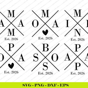 May include: Black and white graphic design with the words "MAMA", "MOA", "MAIN", "POAP", "BOSS", and "PAPA" arranged in a cross pattern. Each design includes "Est. 2026". The bottom of the image has the text "SVG - PNG - DXF - EPS".