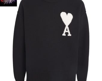 AMI Inspired Virgin Wool Logo Sweater, Minimalist Streetwear Crewneck Pullover