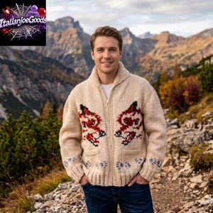 Hand Knit Wool Wolf Cardigan Sweater, Canadian Inspired Rustic Outdoor Zip Jacket