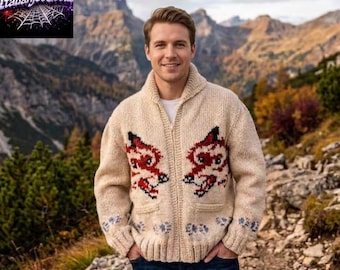 手編みウール製ウルフ柄カーディガンセーター、カナダ風の素朴なアウトドアジップジャケット
