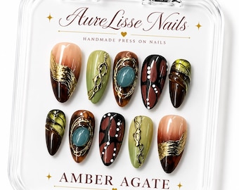 Uñas postizas de ágata ámbar / Uñas de lujo en tonos tierra / Set de uñas almendradas abstractas doradas hechas a mano