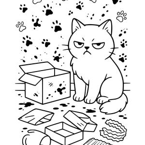 May include: A black and white cartoon illustration of a grumpy cat sitting next to an open box and spilled items. Paw prints and splatters are scattered around the cat and the box. The cat has an angry expression.