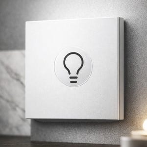 May include: A square white light switch featuring a centered circular button with a black line art icon of a light bulb. The switch has a matte finish and a clean, flat design, providing a functional interface for controlling electrical lighting.