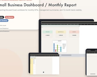 Modèle Excel de tableau de bord de petite entreprise, feuille de calcul de rapport mensuel et classeur de tendances sur 12 mois