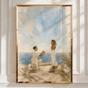 Aquarel schilderij van een aanzoek aan een stel, gebaseerd op een foto, als cadeau voor een verloving, bruiloft of jubileum.