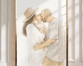 Aquarelle portrait de famille à partir d'une photo, tableau personnalisé père fils, cadeau personnalisé fête des pères pour papa