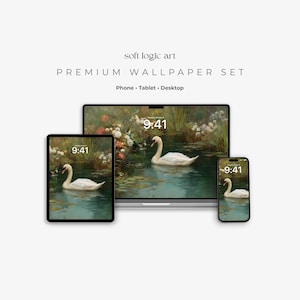 Puede incluir: Un conjunto de fondos de pantalla premium con un cisne en un lago, mostrado en un teléfono, una tableta y un ordenador de sobremesa. Los dispositivos muestran la hora 9:41. Se muestra el texto "soft logic art" y "PREMIUM WALLPAPER SET".