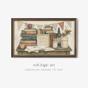 May include: A framed wall art print featuring a stack of vintage books, a red apple, a sign reading SCHOOL SPIRIT, a dark bottle, and a ceramic pitcher with berries. The scene is decorated with a muted-colored bunting banner hanging above the items.
