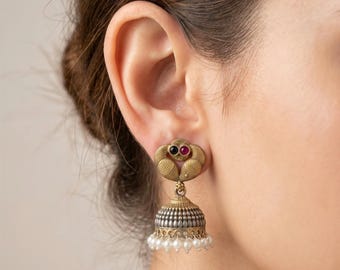 Handmade Oxidized Jhumka Earrings with Pearl Drops | Boho Tribal Statement Earrings