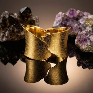 Puede incluir: Un brazalete dorado con superficie texturizada. El brazalete tiene un diseño curvo y un cierre de broche. Cristales de amatista y cuarzo ahumado en el fondo.