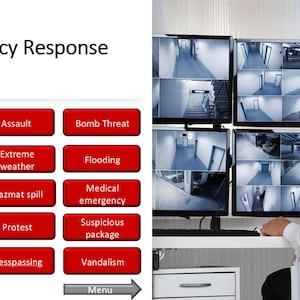 May include: Image showing an emergency response menu with various incident types, such as "Active shooter" and "Bomb Threat." A security professional monitors multiple surveillance screens displaying live camera feeds.