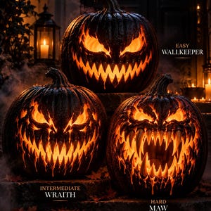 May include: Three dark, carved pumpkins with glowing orange interiors. The top pumpkin is labeled EASY WALLKEEPER, the bottom left is labeled INTERMEDIATE WRAITH, and the bottom right is labeled HARD MAW. Each pumpkin features jagged, sharp, toothy grins.