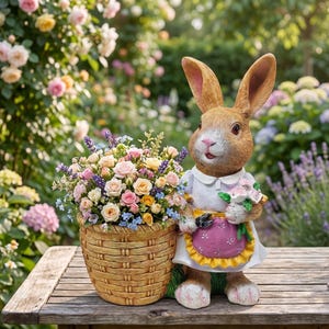 Estatua decorativa de conejo con cesta de mimbre, 25 cm
