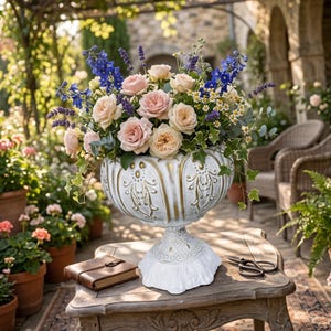 Maceta de cerámica esculpida en blanco y dorado sobre un soporte.