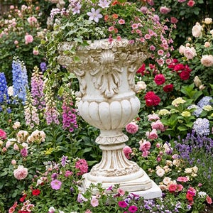 May include: A large, ornate white urn overflowing with colorful flowers and greenery. The urn is the focal point, set amidst a vibrant garden of roses, delphiniums, and other blooms. The garden setting is lush and full of color.